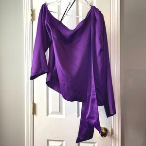 Eloquii One Shoulder Scarf Blouse Womens Sze 20 Tie Neck Satin Long Sleeve Flaws